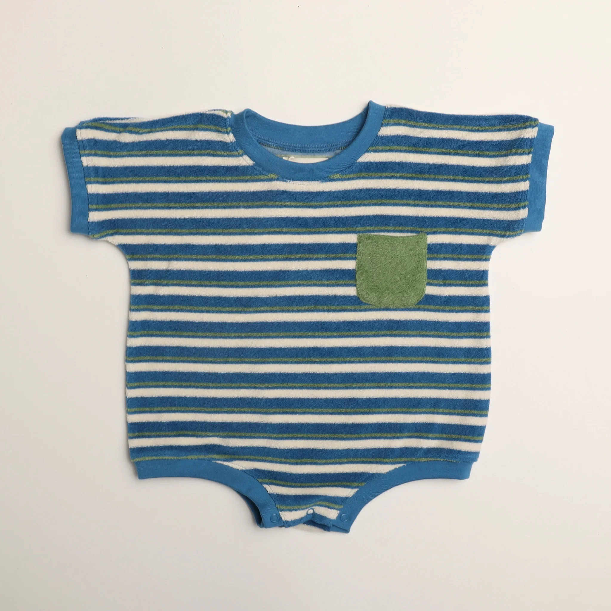 Callie Romper in Thin Blue Green Stripe | Winnie and Crew