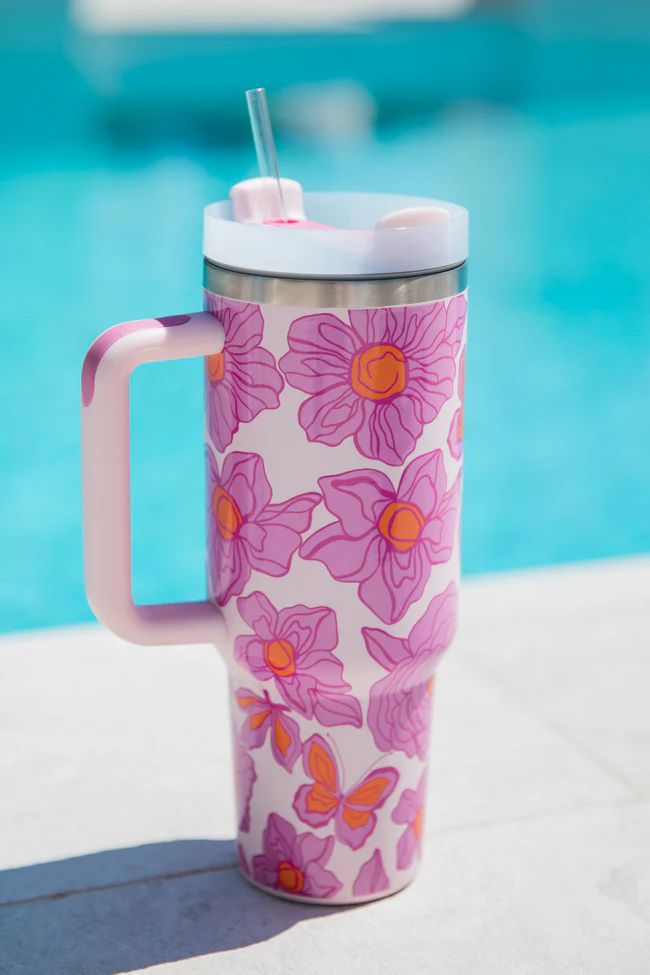 Sippin' Pretty Floral Butterfly 40 oz Drink Tumbler With Lid And Straw | Pink Lily