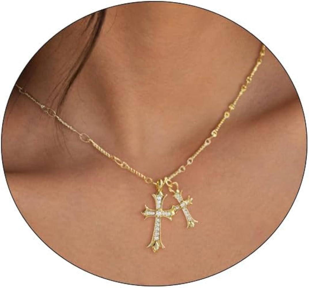 Cross Necklace 14K Gold Plated Double Cross Pendant Necklace Dainty Diamond Cross Charm Link Chai... | Amazon (US)