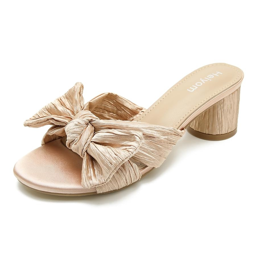 Heiyom Women's Bowknot Low Chunky Heels Mules Sandals Slip on Pleated Bow Heels Wedding Bridal Pa... | Amazon (US)