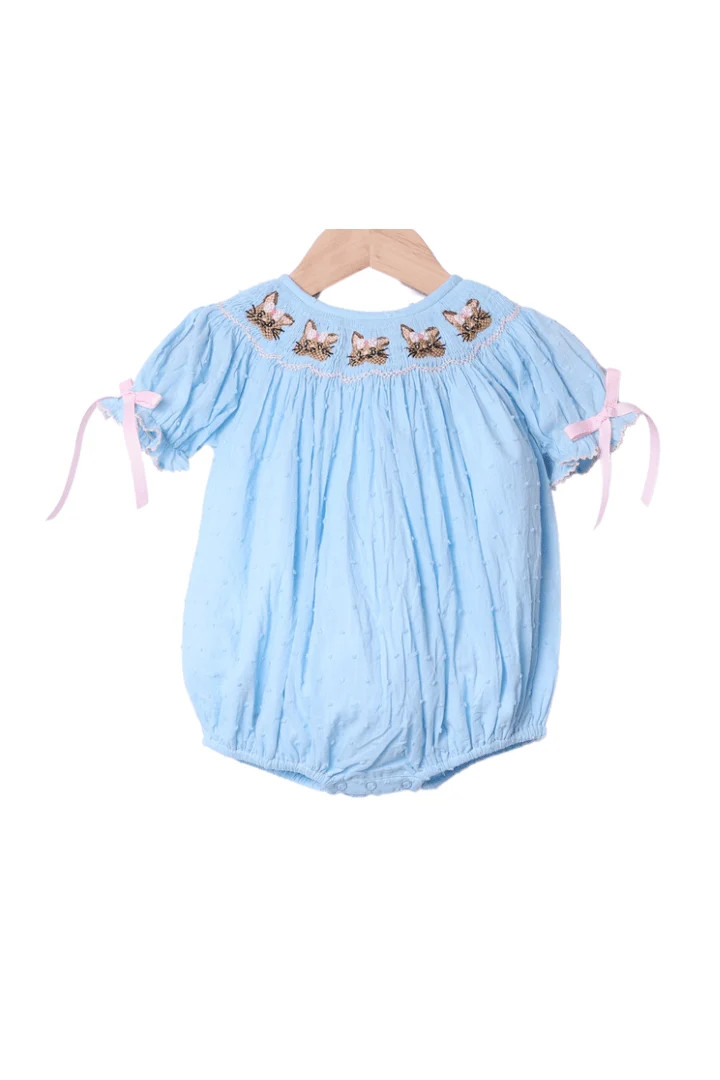Smocked Sweet Bunny Blue Swiss Dot Bubble | The Smocked Flamingo