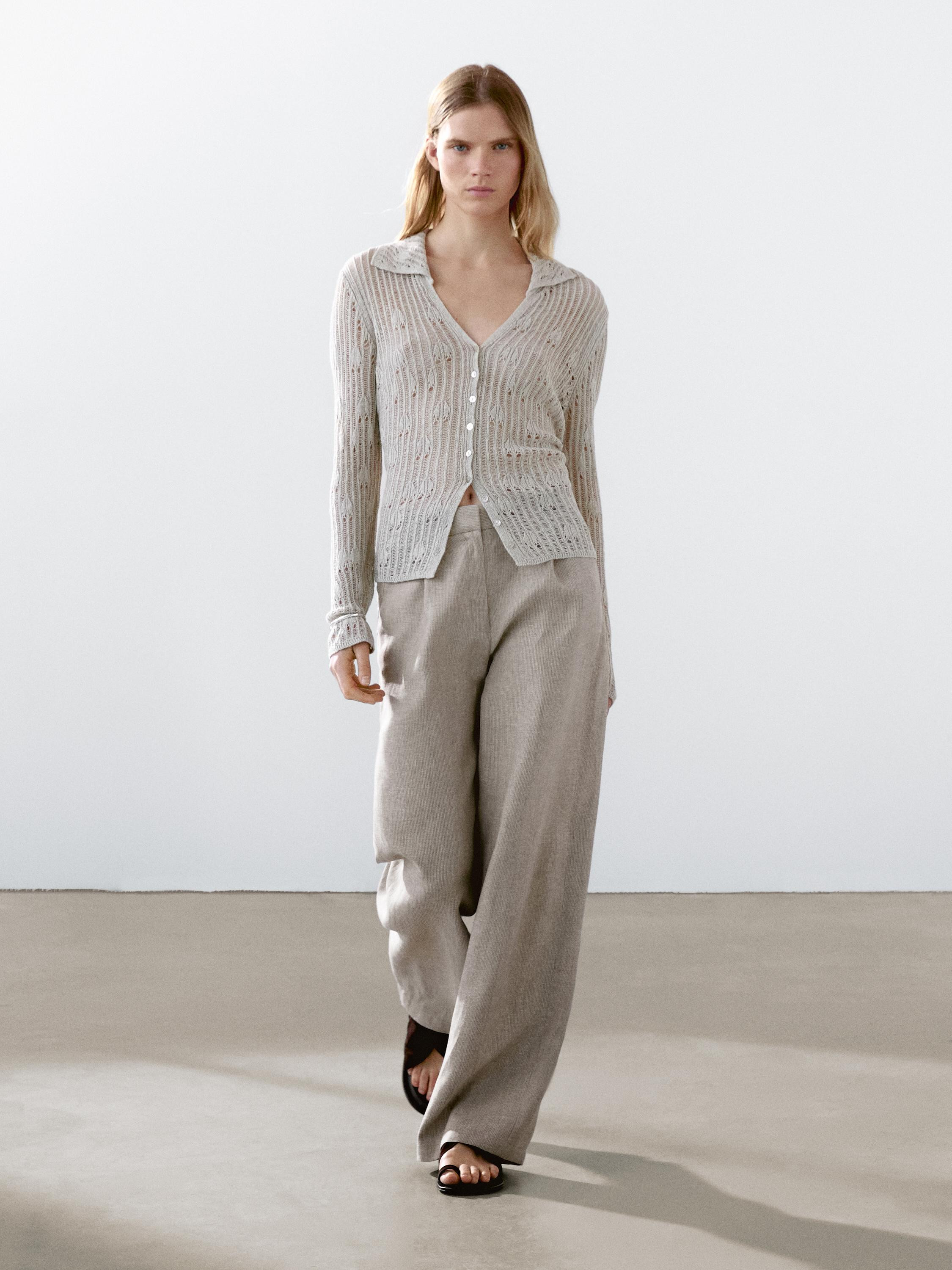 Pinstriped wide-leg linen trousers | Massimo Dutti UK