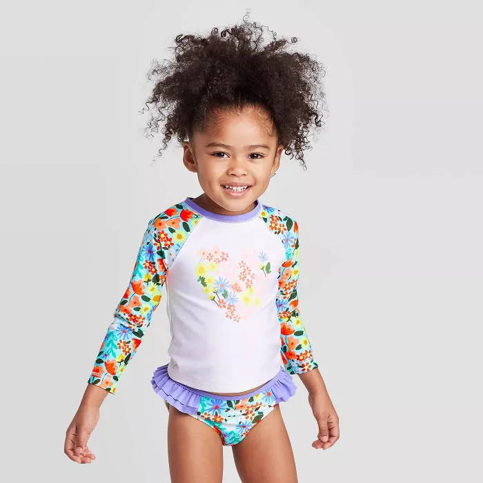 Toddler Girls' Heart Floral Long Sleeve Rash Guard Swimsuit - Cat & Jack™ White | Target