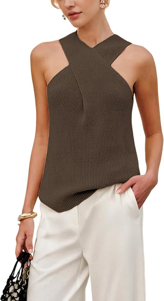 Yeokou Women Halter Cross Over Collar Tank Knit Sleeveless Top Solid Color Casual Summer Blouse | Amazon (US)
