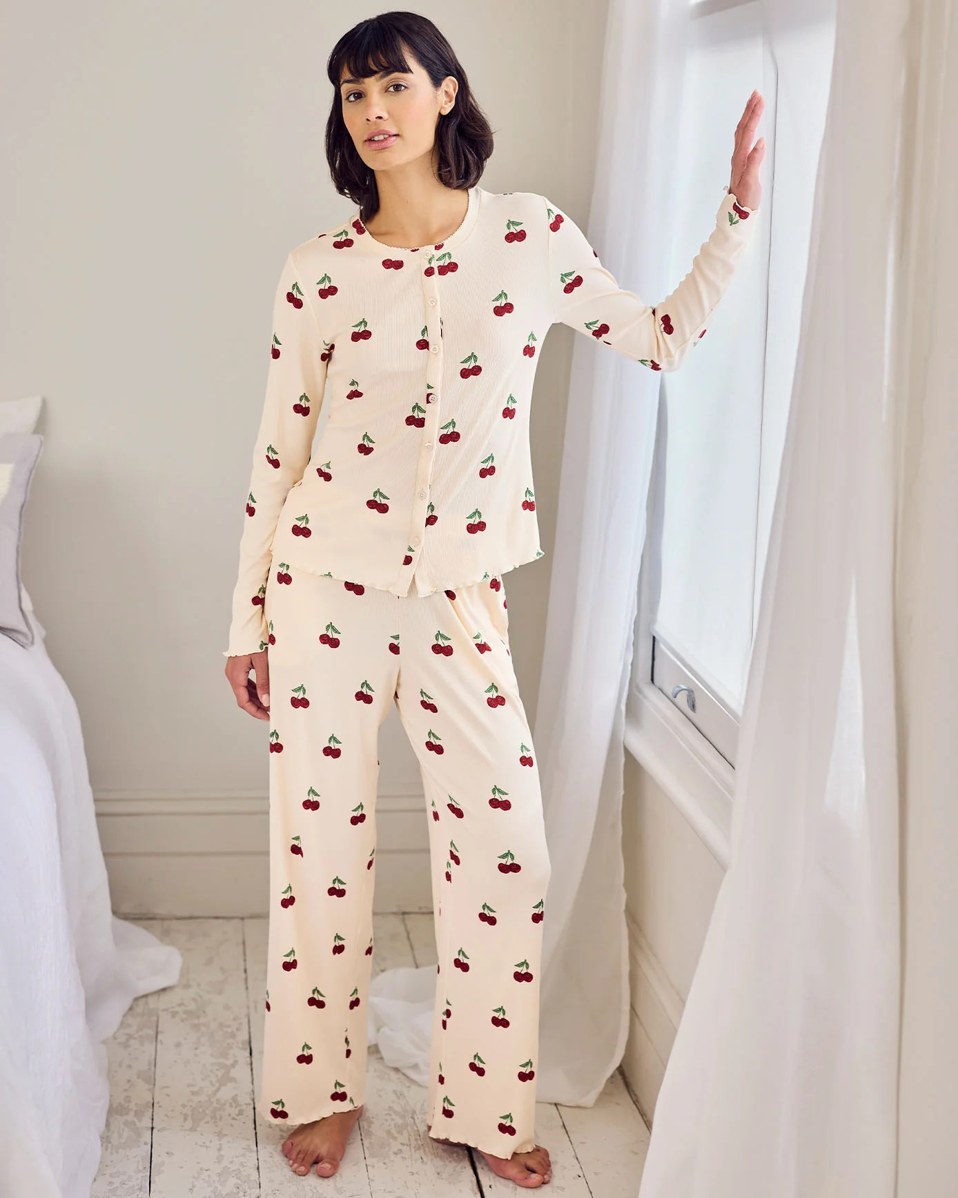 Cherry Print Cardigan Ribbed Long Pyjama Set | Chelsea Peers NYC