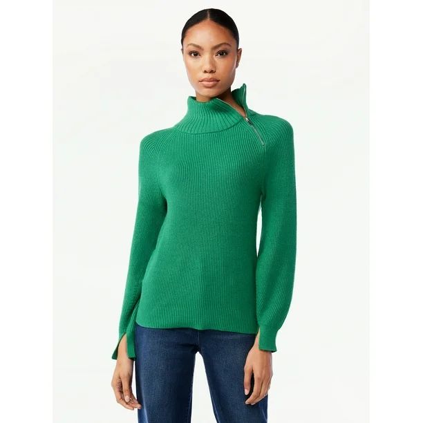 Scoop Women's Blouson Sleeve Sweater with Zip Neck - Walmart.com | Walmart (US)