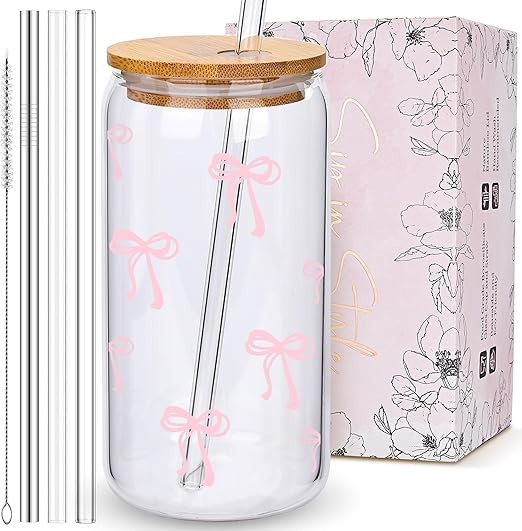 Coquette Cute Pink Bow Glass Cups with Lids and Straws, Aesthetic Iced Coffee Cup, Girly Preppy D... | Amazon (US)