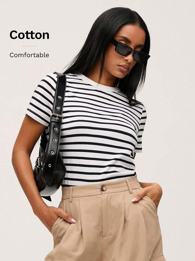 SHEIN BASICS Summer Casual Striped Print Crew Neck Tee | SHEIN