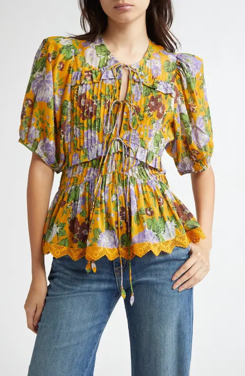 FARM Rio Floral Tie Front Top in Capri Floral Yellow at Nordstrom, Size Xx-Small | Nordstrom