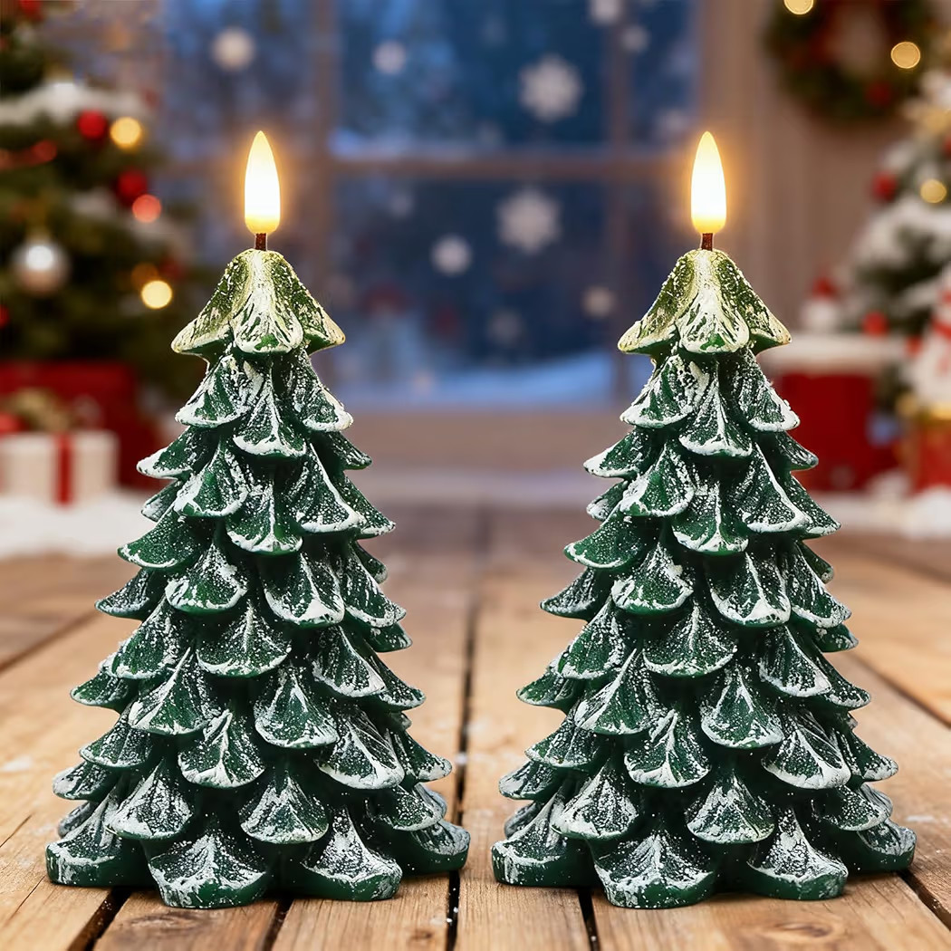 Christmas Tree Flameless Candles with 6H Timer, 2 Pcs Battery Operated LED Pillar Candle with Fli... | Amazon (US)