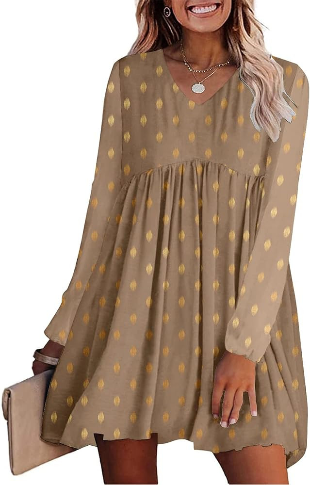 KIRUNDO Womens Dresses 2024 Spring Summer Long Sleeve Mini Dress V Neck Flowy Casual Swiss Dot Lo... | Amazon (US)