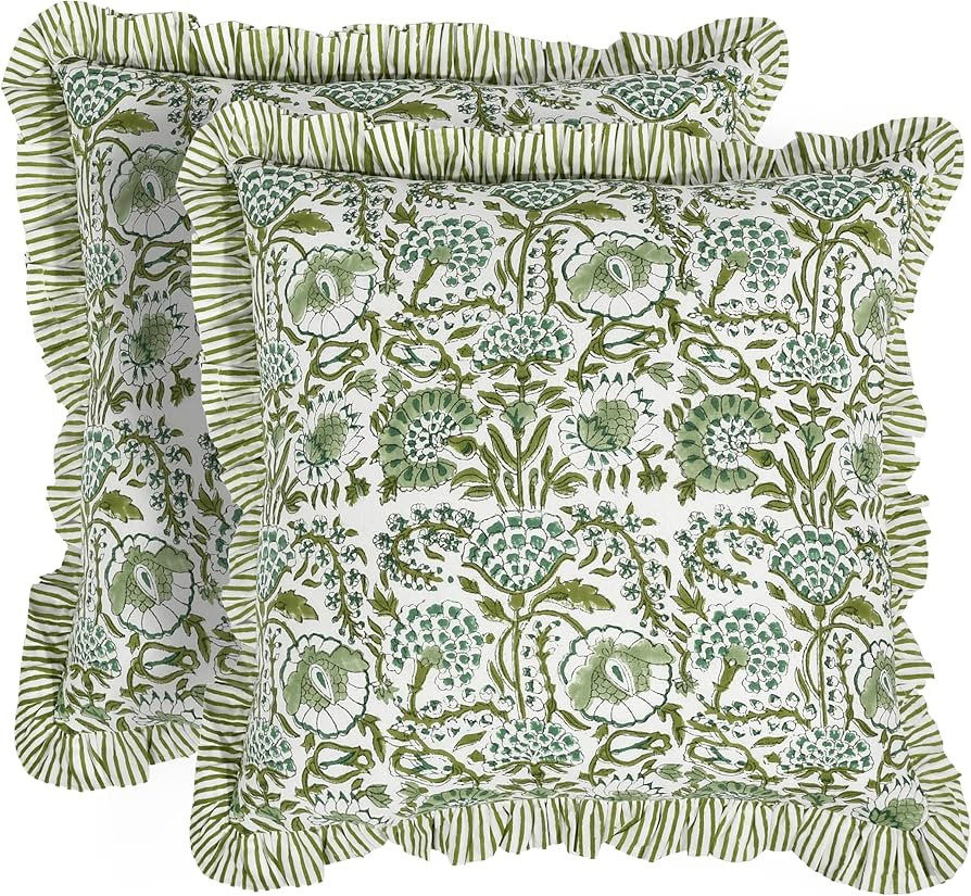 CPC Agate Green Ruffle Throw Pillow Covers for Couch, 20x20 Inch Cotton Stripe Ruffle Couch Pillo... | Amazon (US)