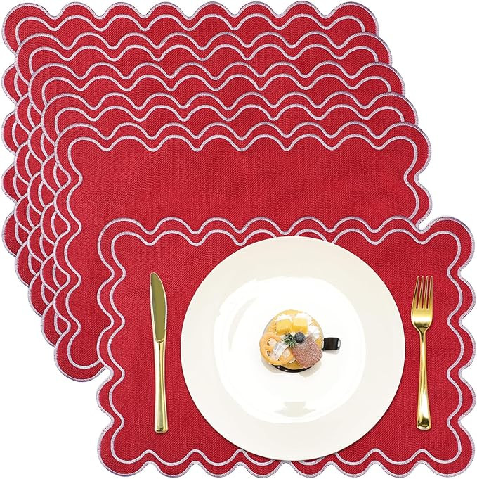 HunnmingRe Set of 6 Cotton Linen Placemats, 13x19 Inch Scalloped Wavy Embroidery Placemat Double ... | Amazon (US)