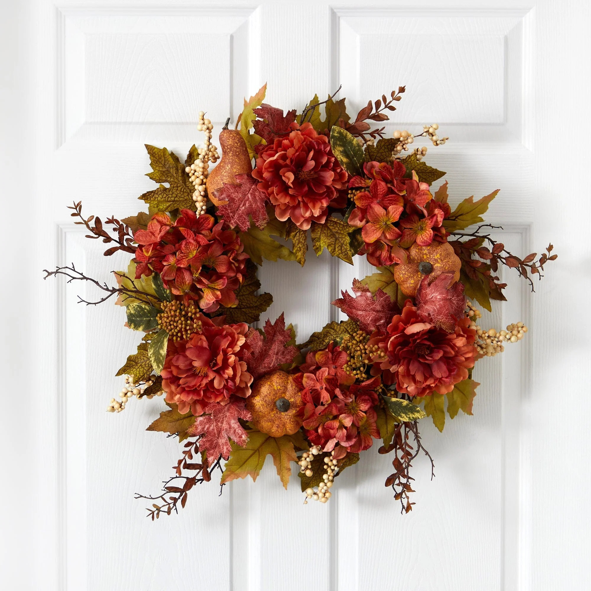 24” Peony, Hydrangea and Pumpkin Fall Artificial Wreath | Nearly Natural | Nearly Natural
