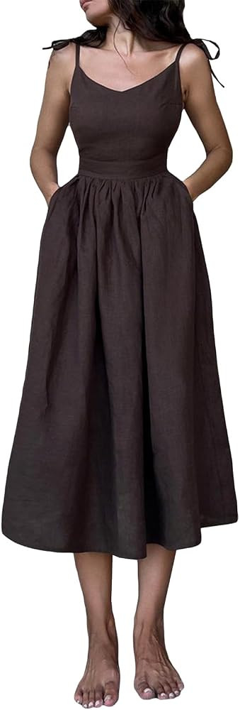 Women Sapghetti Strap Midi Dress Sweetheart Neck Sleeveless Backless Flowy Summer Long Dresses wi... | Amazon (US)