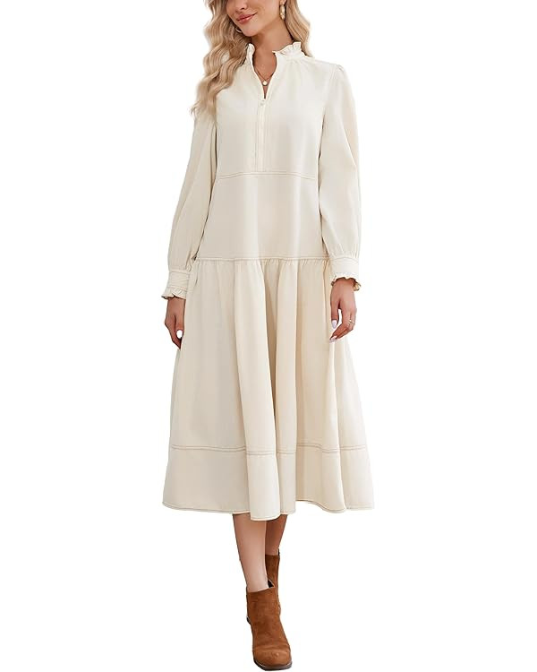 Women's Fall Winter Corduroy Maxi Dress Casual Long Sleeve Ruffle Mock Neck Flowy Vintage Dresses | Amazon (US)