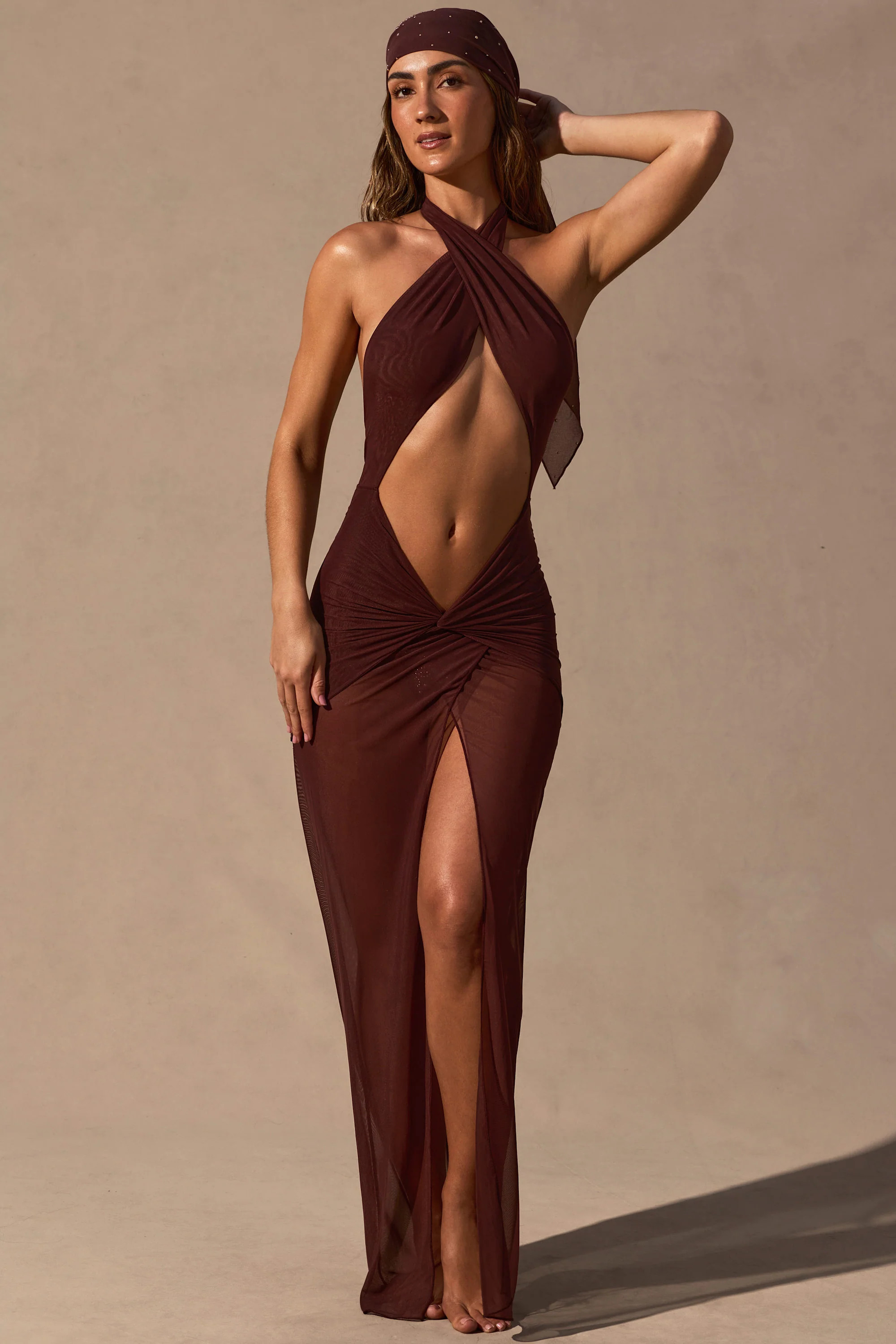 Cut-Out Halterneck Maxi Dress in Espresso Brown | Oh Polly