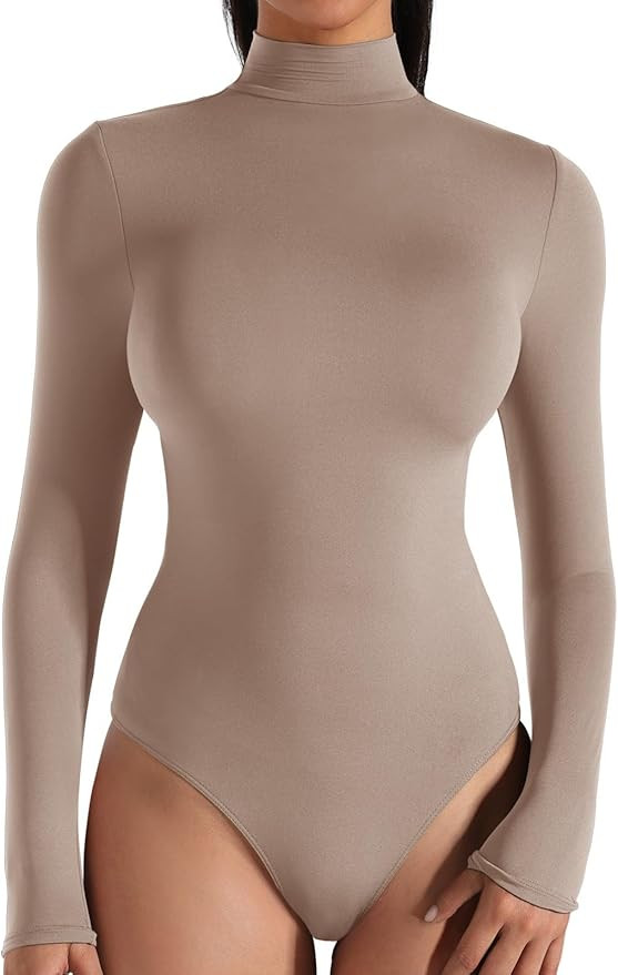 REORIA Women's Turtle Neck Long Sleeve Bodysuits Basic Slim Fit Double Lined Lightweight Layering... | Amazon (US)