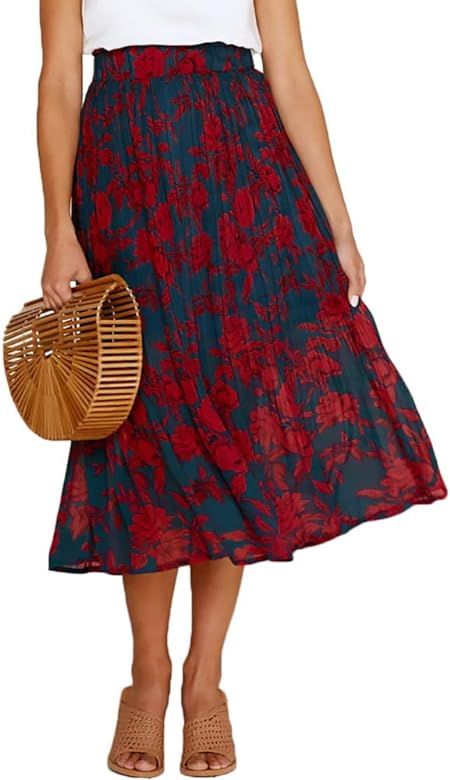 Womens High Waist Polka Dot Pleated Skirt Midi Swing Skirt with Pockets | Amazon (US)
