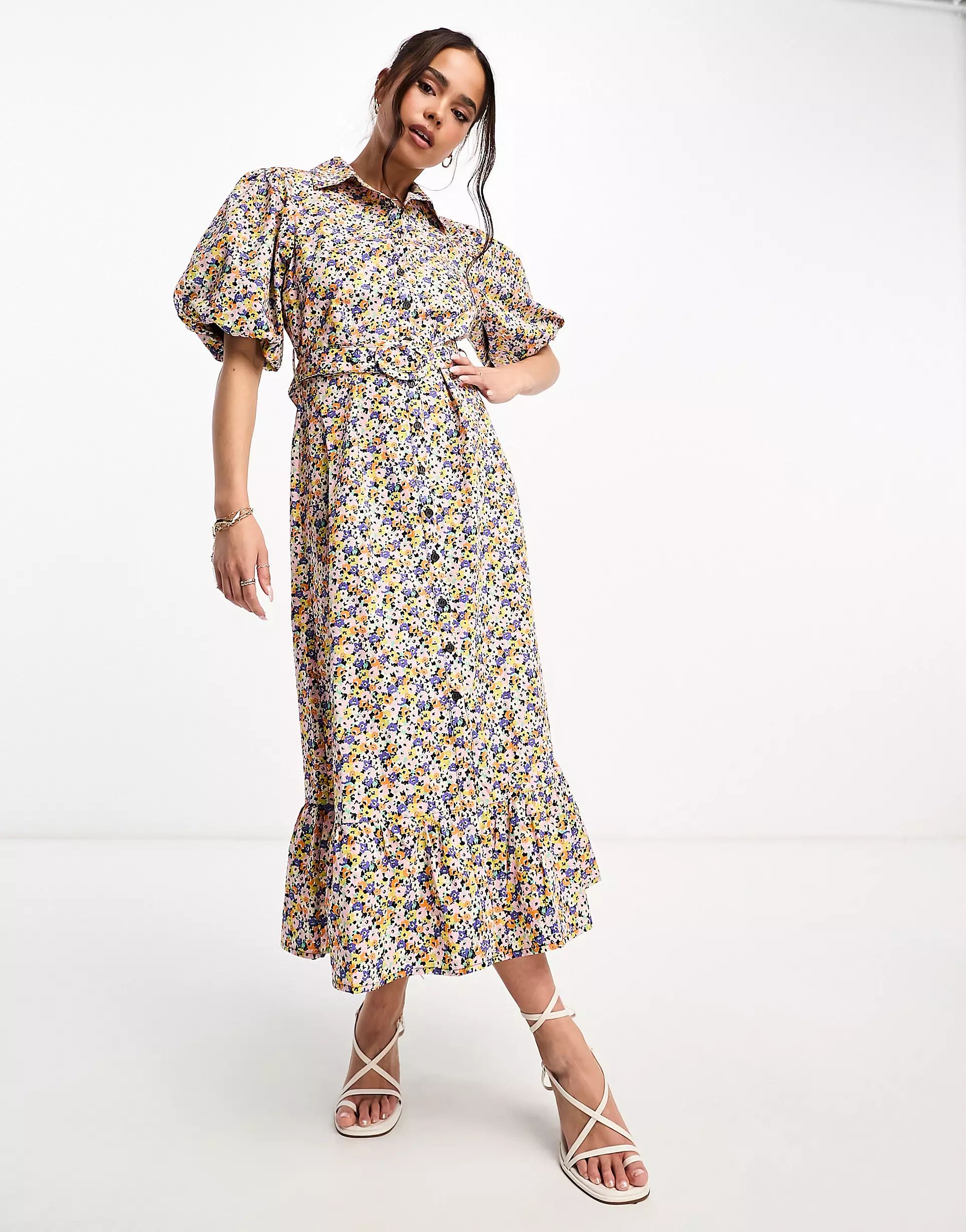 Nobody's Child Samm puff sleeve belted midi dress in ditsy floral | ASOS (Global)
