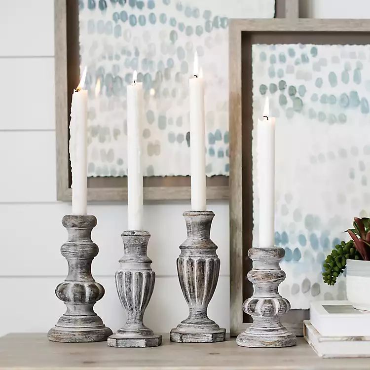 Whitewashed Spindle Taper Candle Holders, Set of 4 | Kirkland's Home