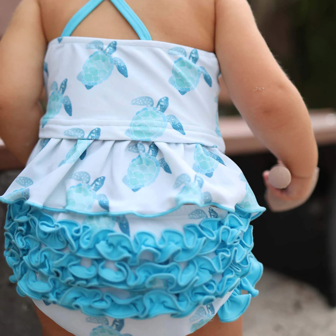 Two Piece Strappy Tankini with Ruffle Bottom | Tropical Turtles | Caden Lane