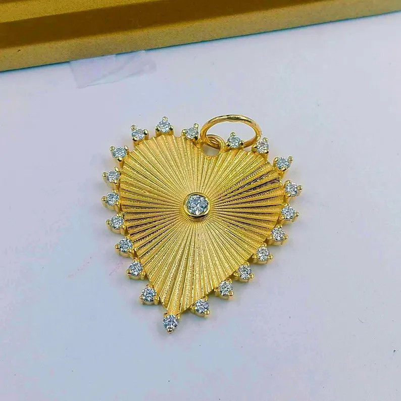 14K Yellow Gold Fill Diamond Heart Pendant, 925 Sterling Silver Charm | Etsy (US)