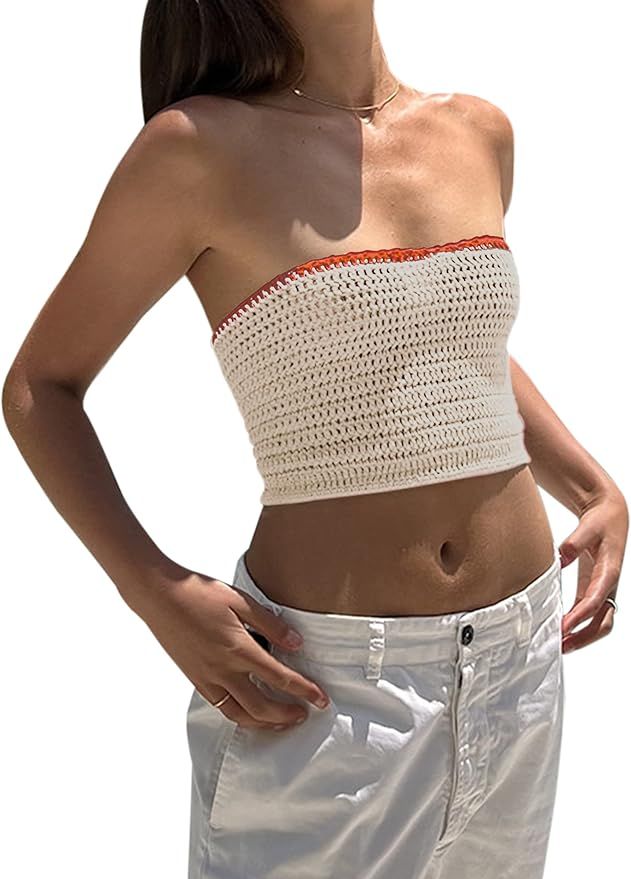 Meladyan Women Lace Up Strappy Colorblock Crochet Knitted Crop Tube Top Sexy Backless Bandeau Cro... | Amazon (US)
