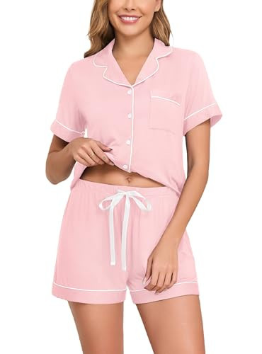 Veseacky Pink Pajamas Set for Women Short Sleeve Sleepwear Button Down 2 Pieces Nightwear Shorts Soft Pj Sets (Pink,M) | Amazon (US)