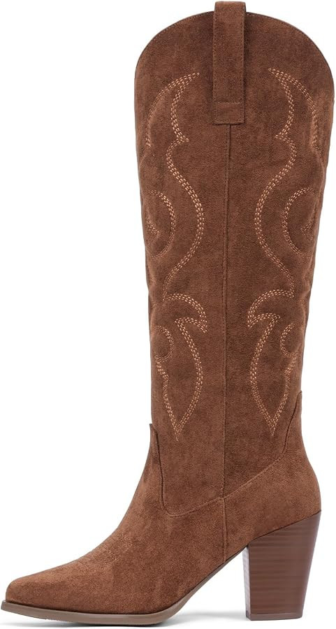STALOV Cowboy Boots for Women Suede Embroidered Chunky Heel Mid Calf Pointed Toe Pull On Western ... | Amazon (US)