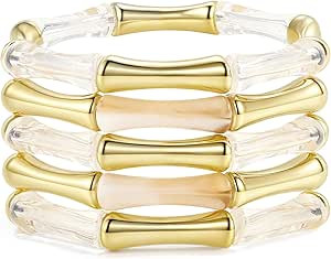 Gold Tube Bangle Bracelets for Women Stackable Bamboo Chunky Acrylic Beads Stretch Friendship Sum... | Amazon (US)
