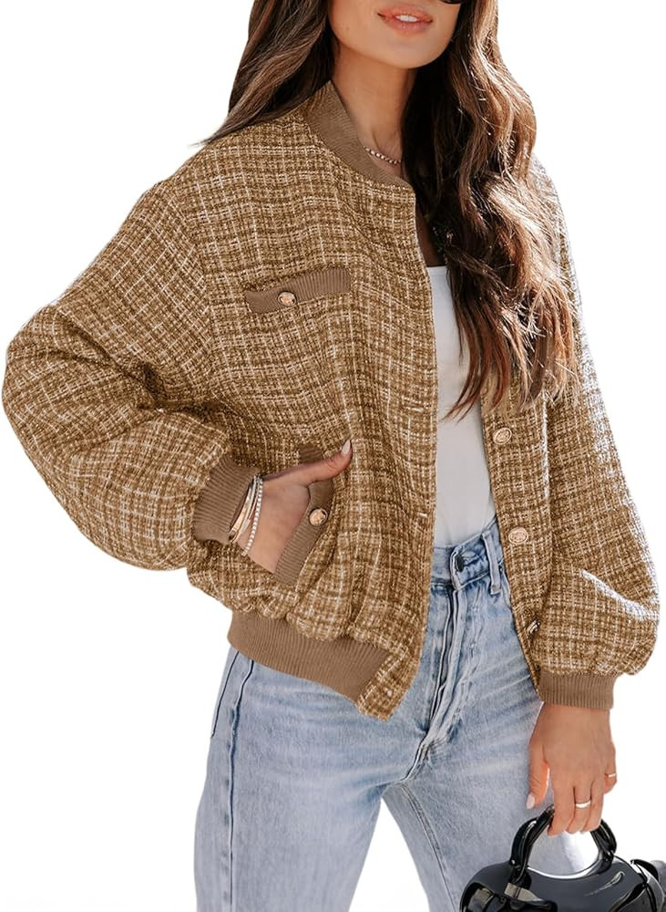 EVALESS Fashion Jacket for Women 2024 Fall Winter Trendy Button Short Shacket Long Sleeve Plaid C... | Amazon (US)