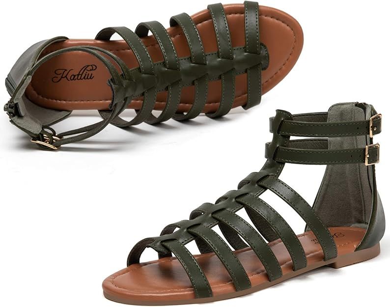 katliu Women's Gladiator Sandal Flat Strap Sandals Two Ankle Buckle | Amazon (US)