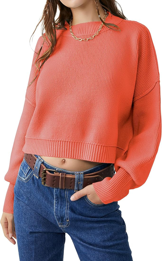 VIUTIL Womens Oversized Cropped Sweater Batwing Long Sleeve Crew Neck Knit Pullover Sweaters Tops... | Amazon (US)