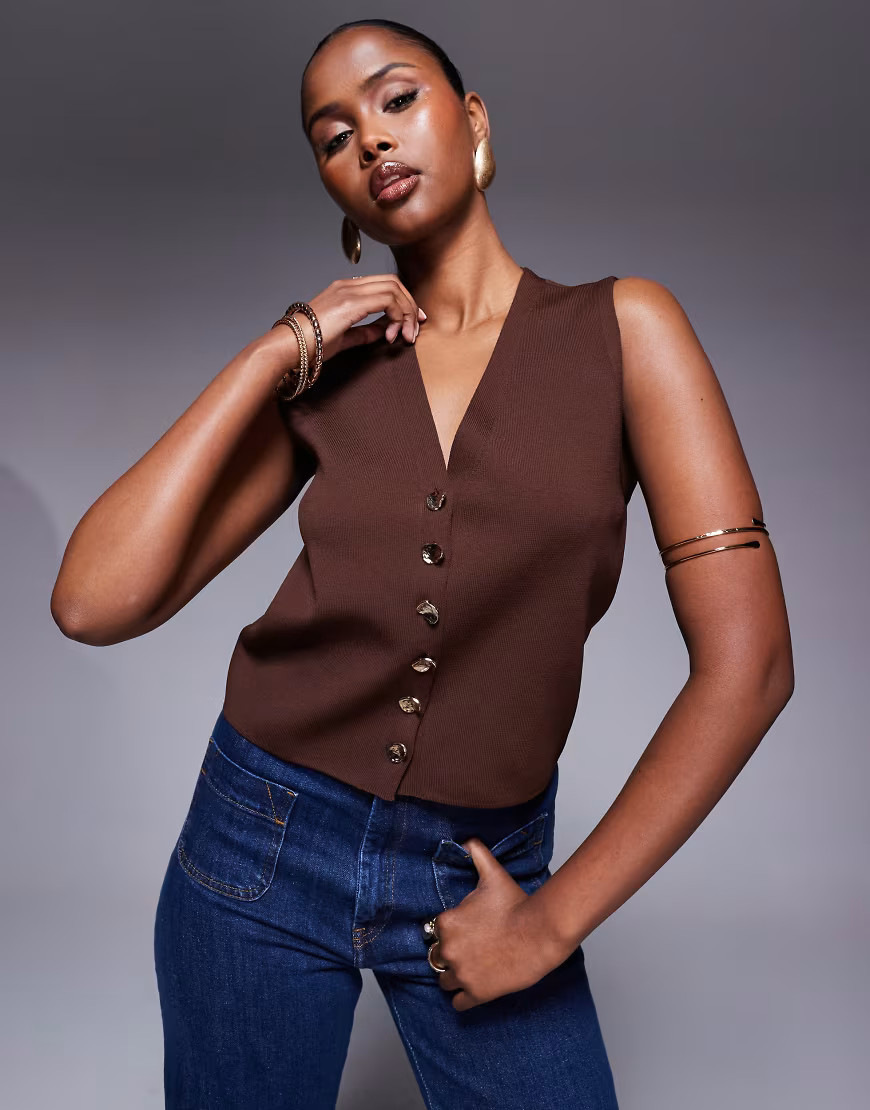 ASOS DESIGN compact knit vest with metal buttons in brown | ASOS (Global)