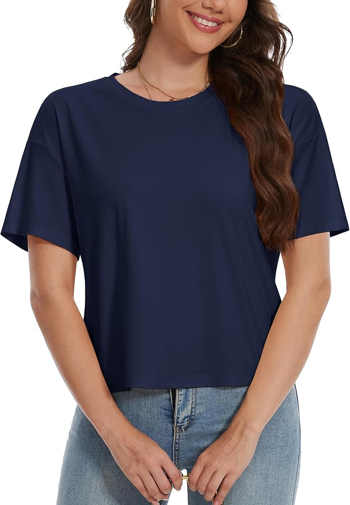 YUCOLEN Women's Crop Tops Summer Short Sleeve Cotton UPF 50+ Round Neck Casual Loose Cropped T-Sh... | Amazon (US)