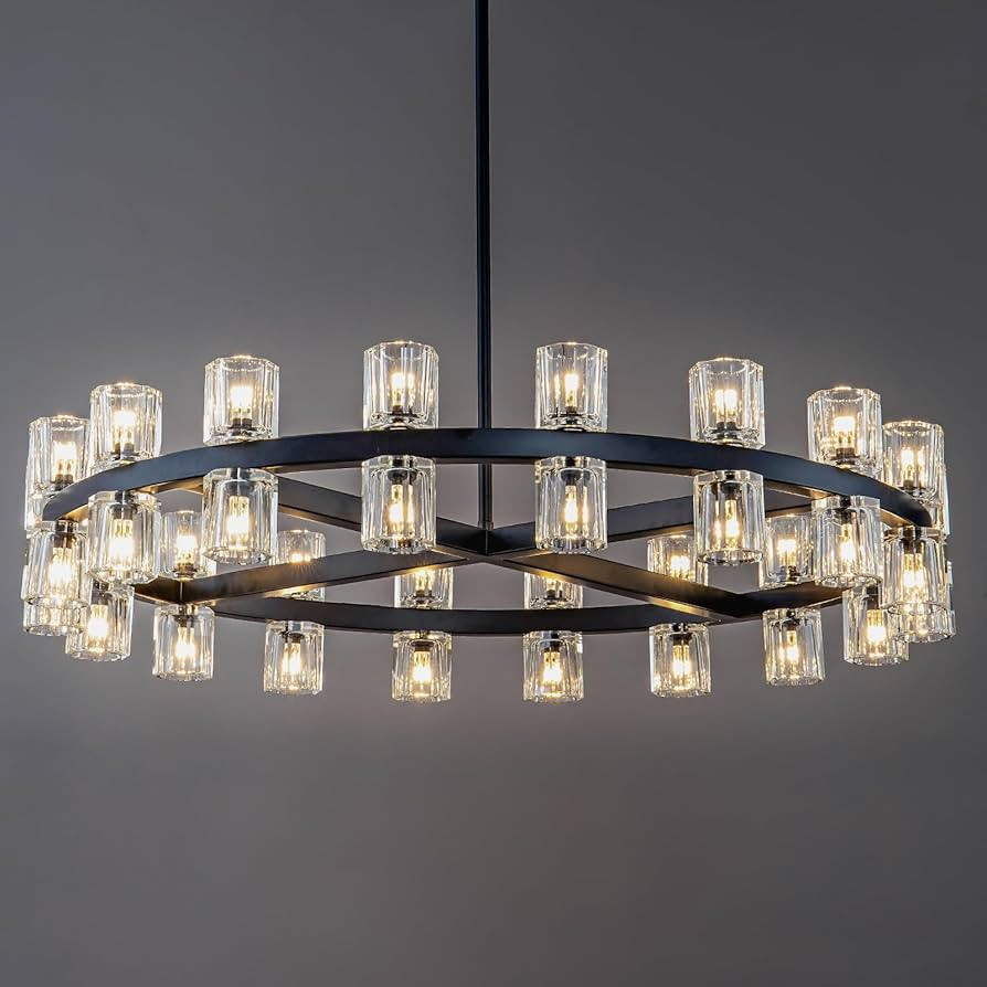 36 Inch Black Wagon Wheel Chandelier with Crystal Shade, 36 Lights, Large Round Modern Farmhouse ... | Amazon (US)