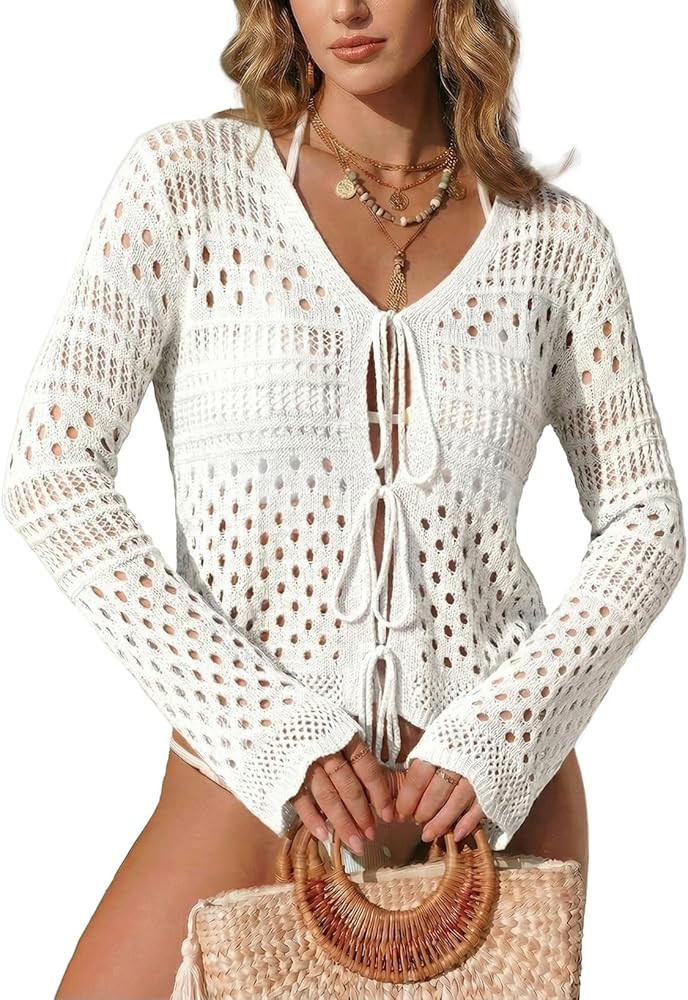 Dokotoo Beach Cover Ups for Women Summer Fashion V Neck Bell Sleeve Crochet Hollow Out Swimsuit C... | Amazon (US)