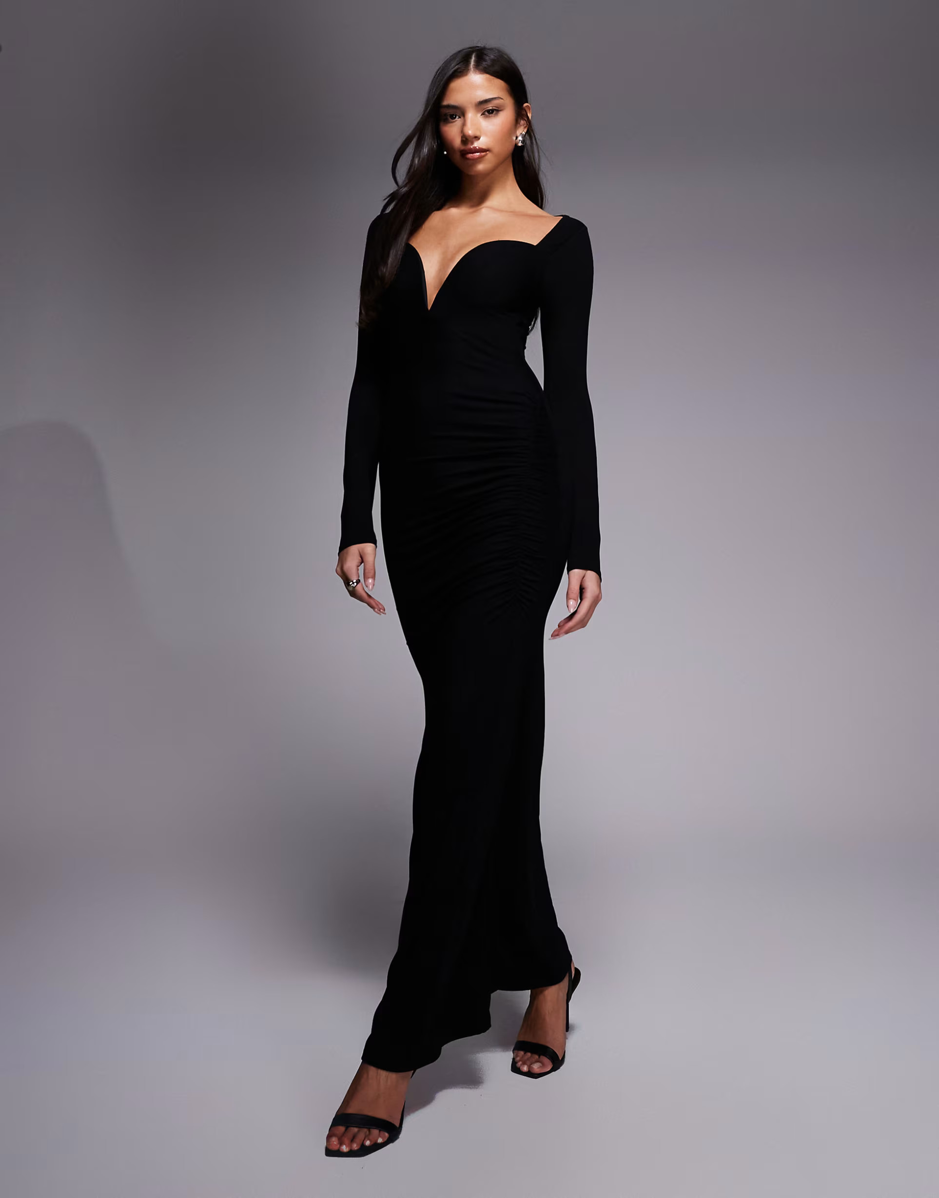 ASOS DESIGN long sleeve deep plunge neck maxi dress with v-bar trim in black | ASOS (Global)