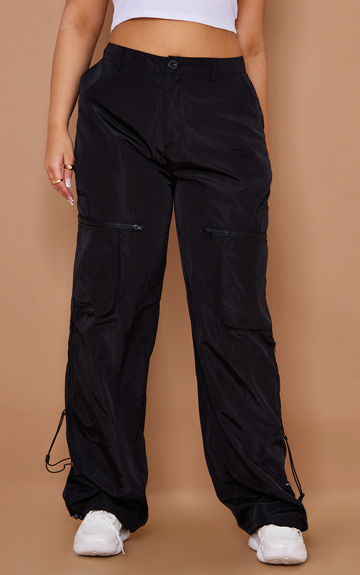 Plus Black Nylon Pocket Wide Leg Cargo Pants | PrettyLittleThing US