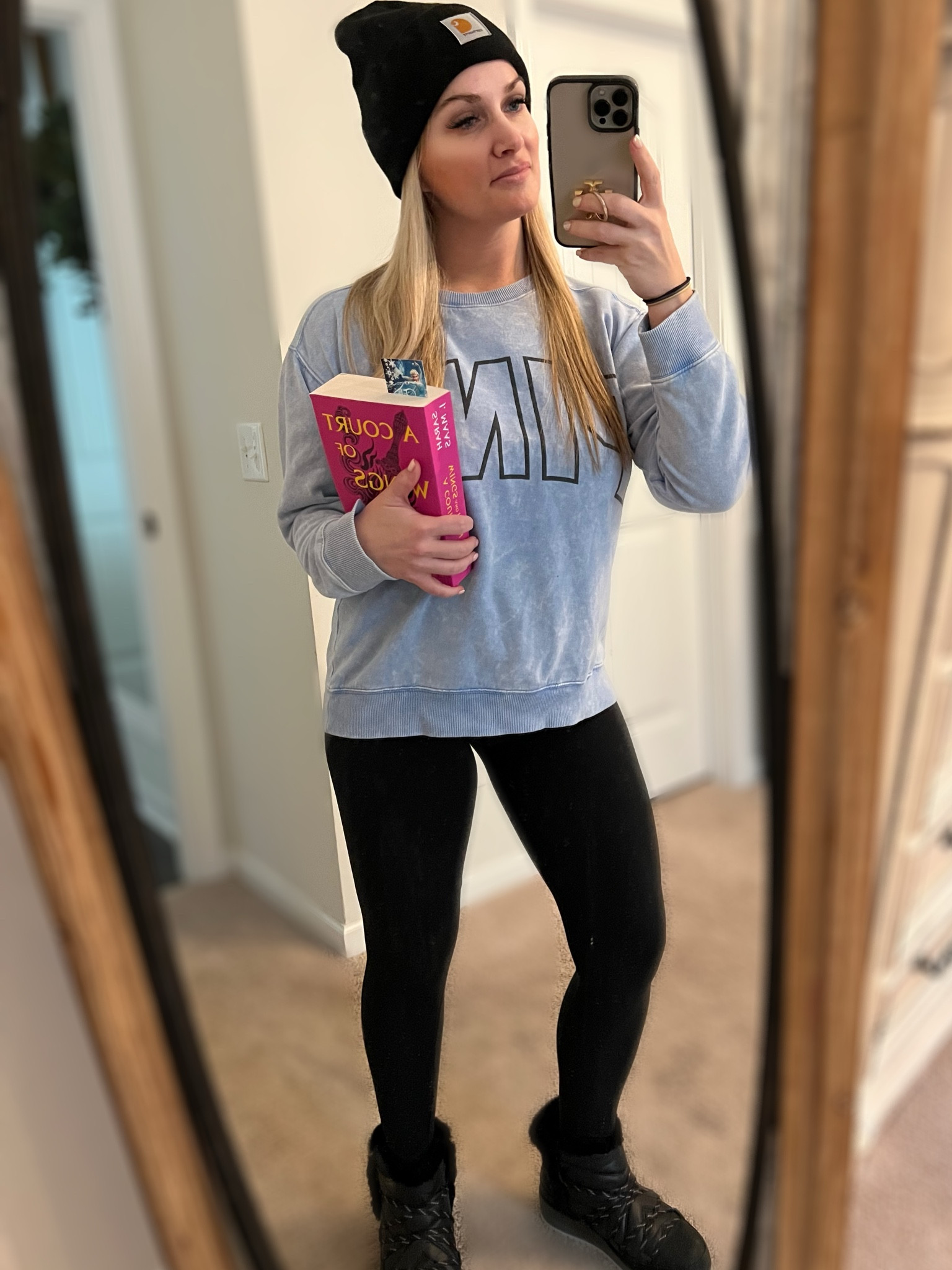 Ready for the school car line with my FAVORITE book in hand! If you’re looking for a series to read, you MUST check out Sarah J. Maas’ series, A Court of Thorn and Roses. I’m on book 3 now and I can’t get enough. 

These Amazon leggings are a favorite, and I now own several pair! They feel like butter. 

The sweatshirt is Victoria Secrets from a few years back, but I linked some similar styles. 

The boots are another favorite go-to! I will forever be an UGG girl. 

#LTKunder50 #LTKGiftGuide #LTKshoecrush