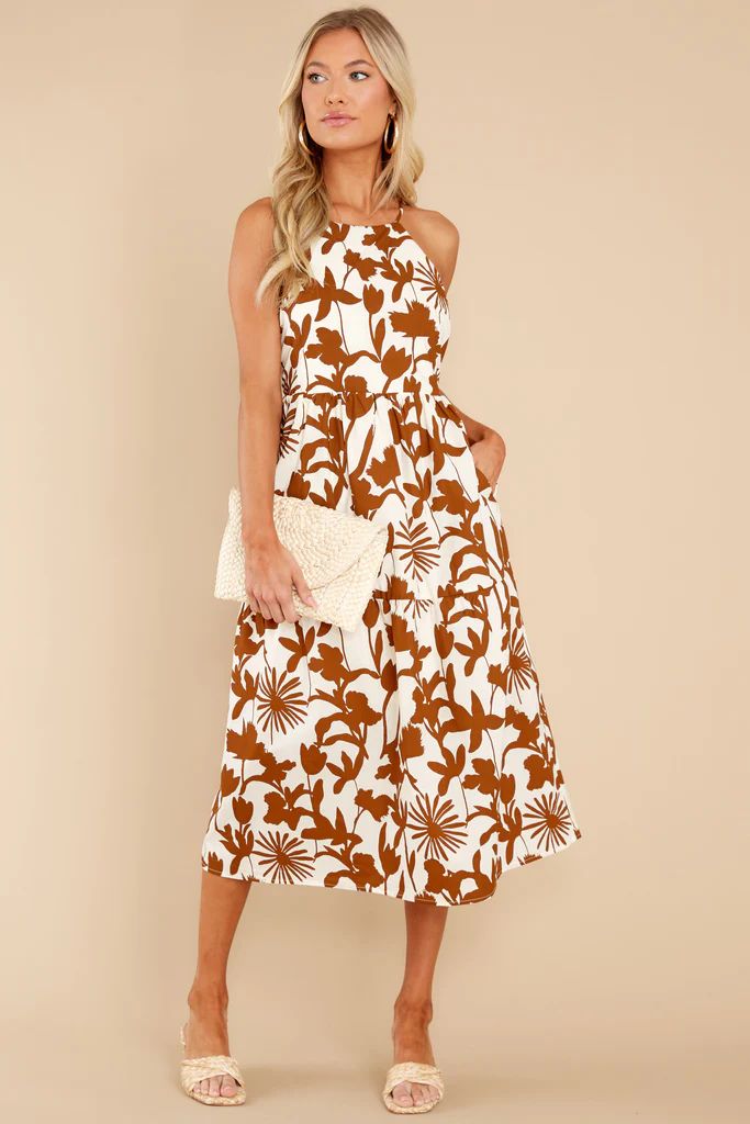 Moonlit Strolls Ivory And Copper Print Cotton Midi Dress | Red Dress 