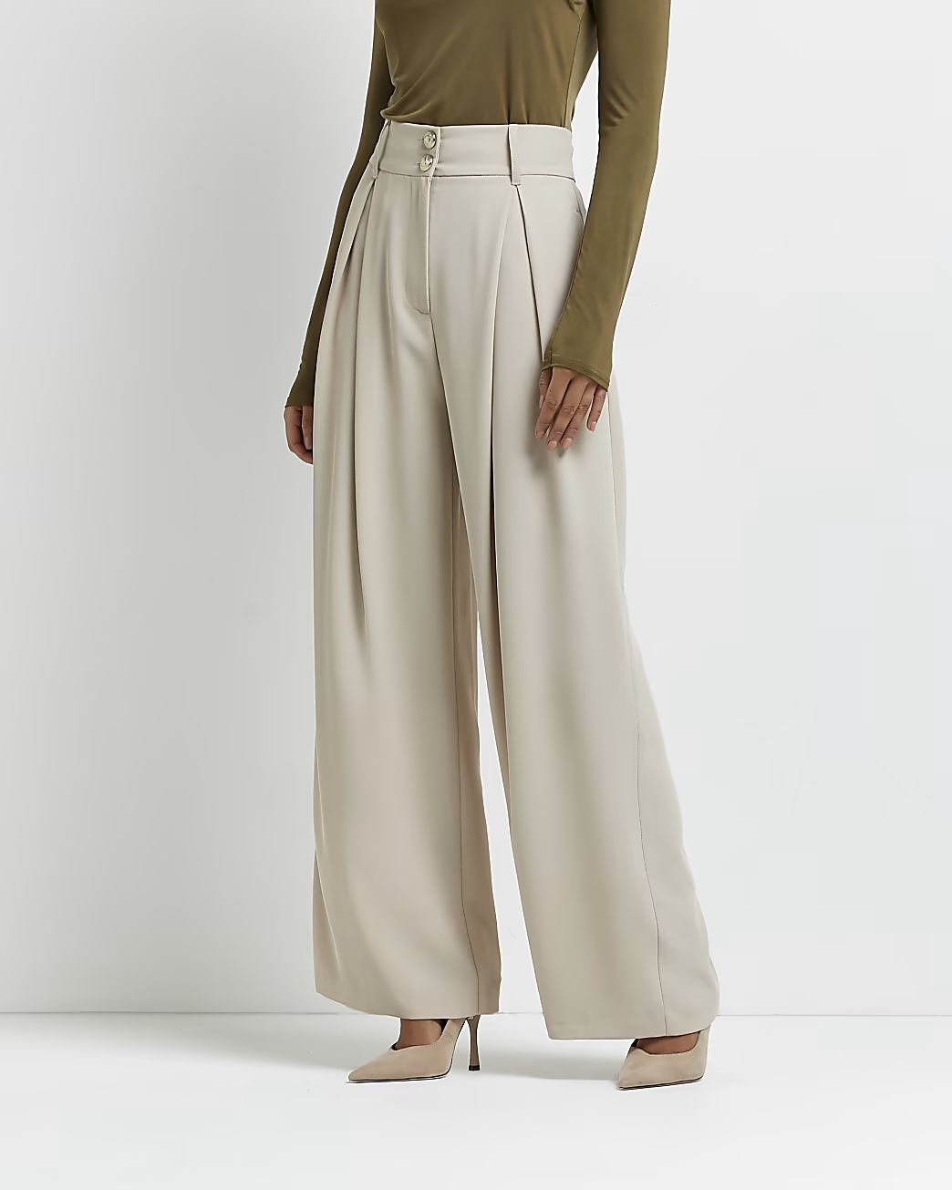 Beige wide leg pleated trousers | River Island (UK & IE)