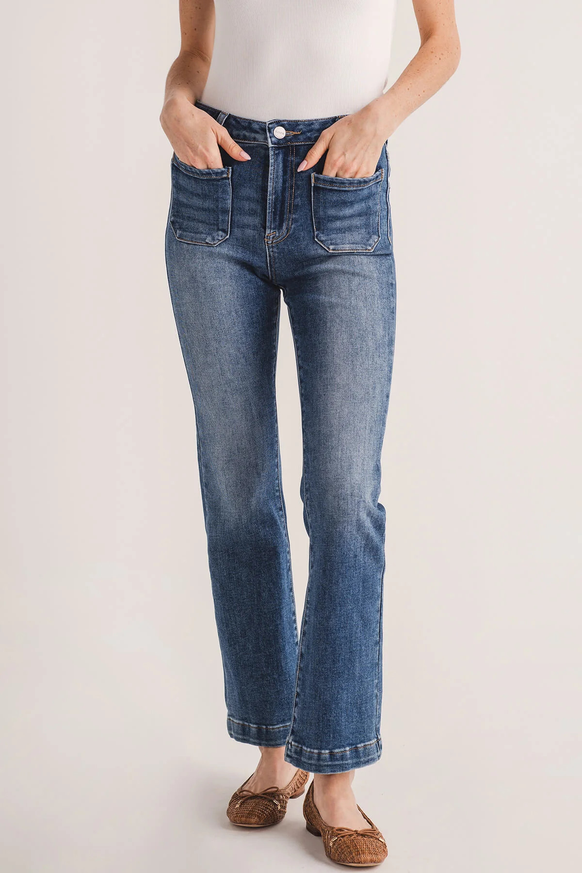 Risen Camille High Rise Patch Pocket Straight Jeans | Social Threads