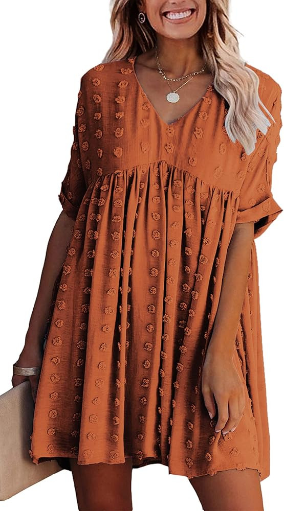 ECOWISH Women Summer Dress V-Neck Polka Dot Short Sleeve Casual Loose Flowy Swing Tunic Dresses | Amazon (US)