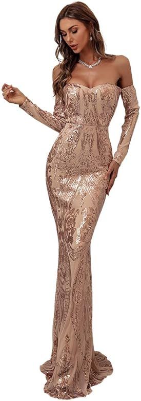 Miss ord Sexy Long Sleeve Retro Party Dress Sequin Formal Maxi Dress, Elegant Mermaid Evening Prom G | Amazon (US)