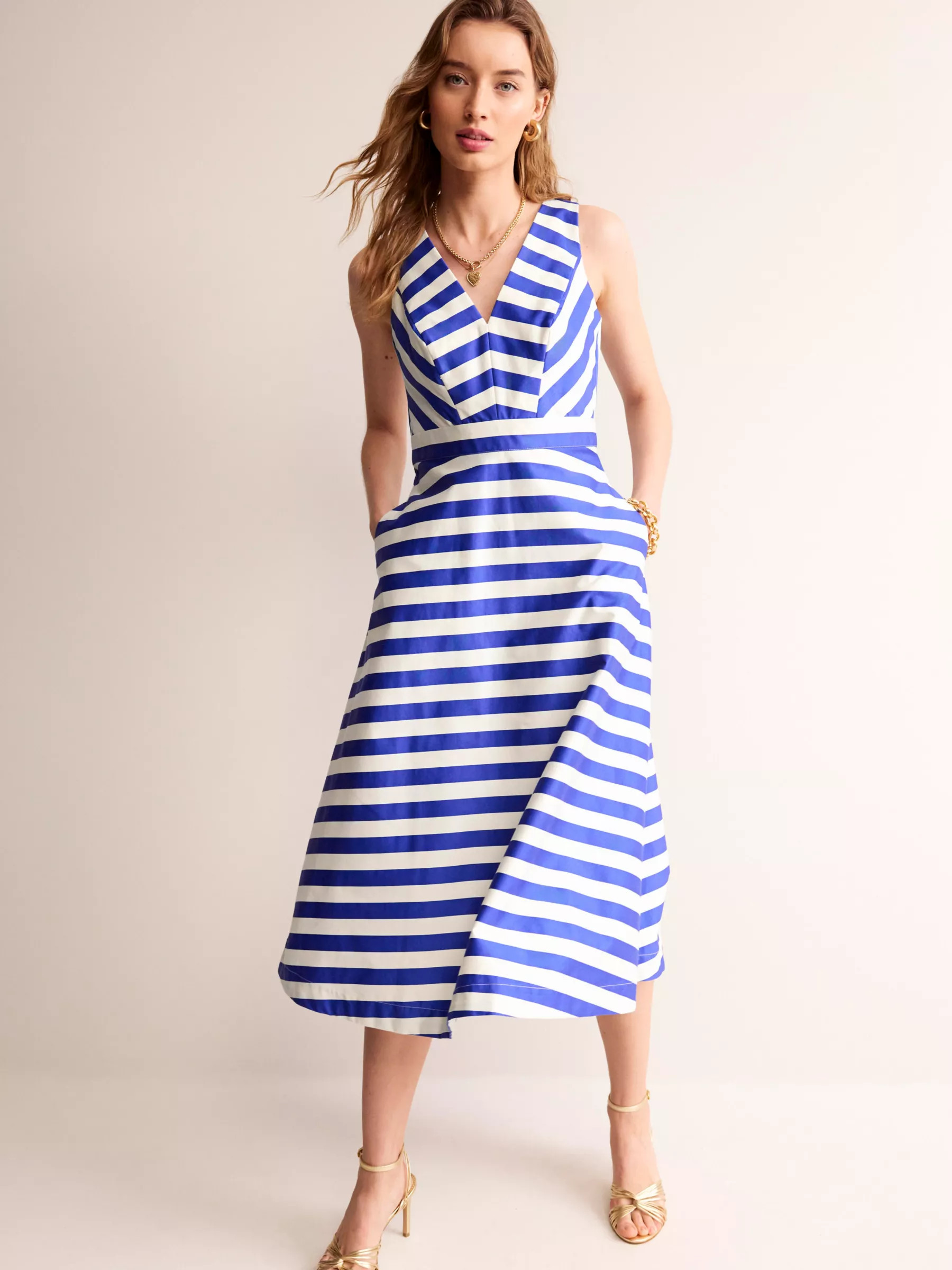 BodenPanelled Bodice Stripe Midi Dress, Surf The Web/White | John Lewis (UK)