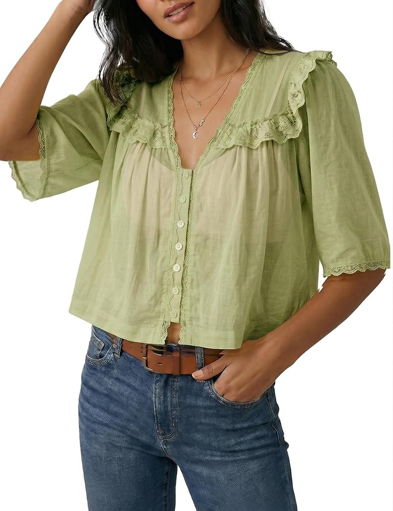 Womens Summer Boho Lace Half Sleeve Beach Tops Button Down V-Neck Chiffon Ruffle Trim Blouse Shir... | Amazon (US)