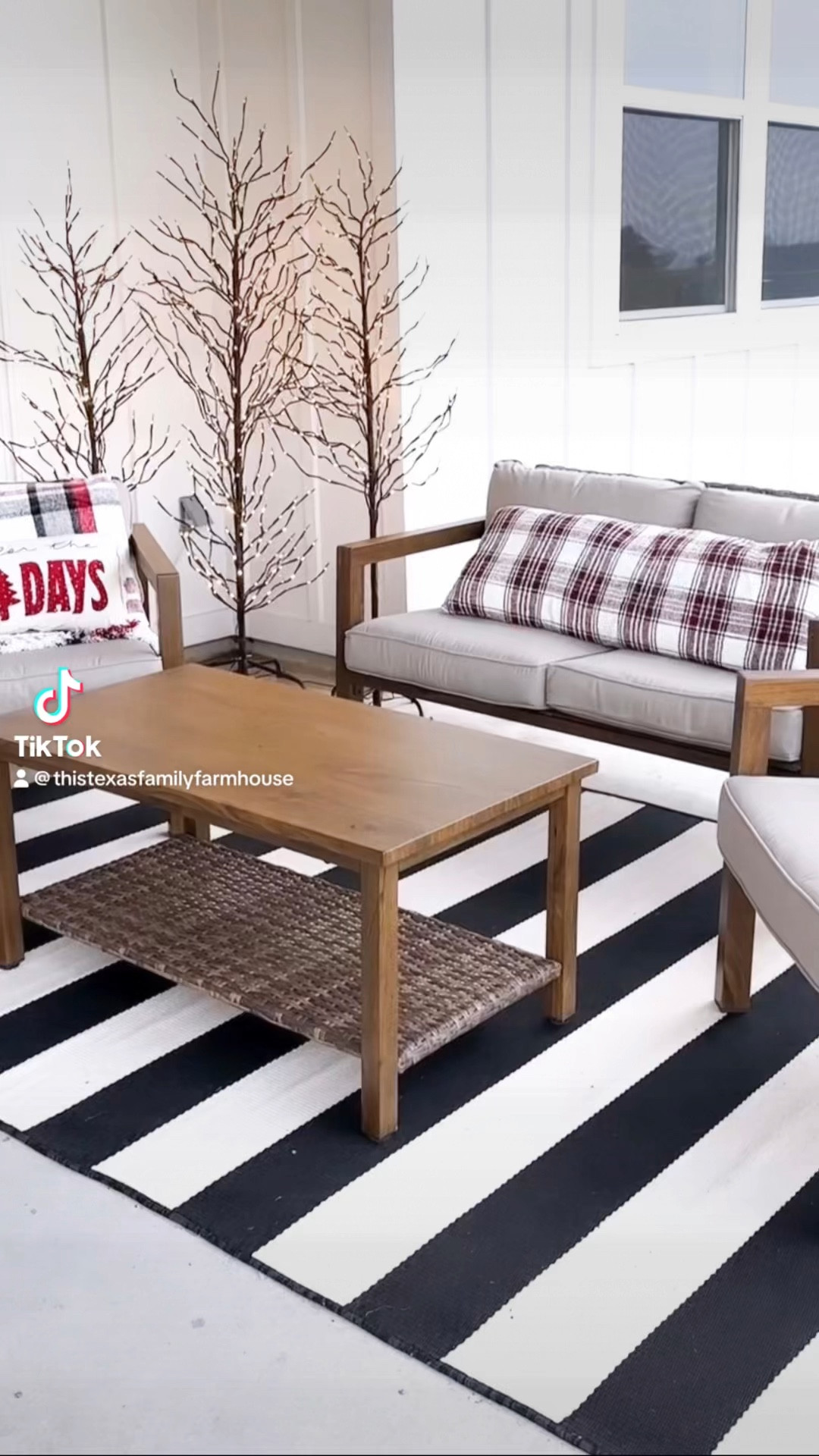 This 4 piece wooden patio set is perfect to create your own cozy winter back porch! Top it off with holiday themed pillows and blankets, a black and white striped outdoor rug, and star light trees. 

#LTKhome #LTKVideo #LTKHoliday