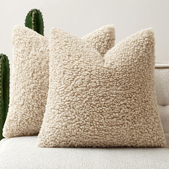 Woaboy Faux Fur Throw Pillow Covers 20x20 Inch Set of 2 Boucle Neutral Decorative Sherpa Fuzzy Ac... | Amazon (US)